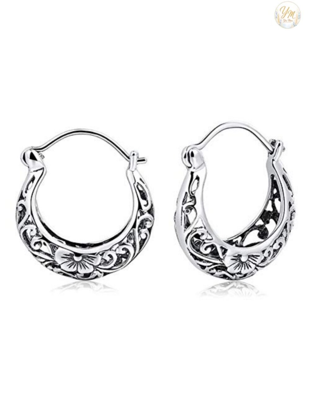 925 Sterling Silver Filigree Flower Hoop Earrings for Women